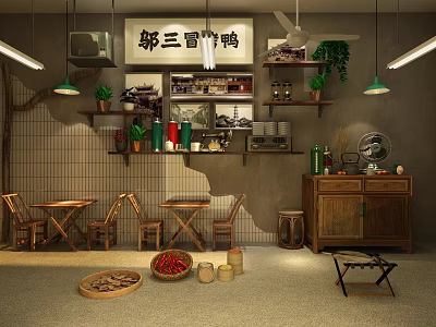 Traditional Chinese Style Restaurant Decorative Ornament Combination With Wooden Furniture Vintage Signs And Green Plants 3d model