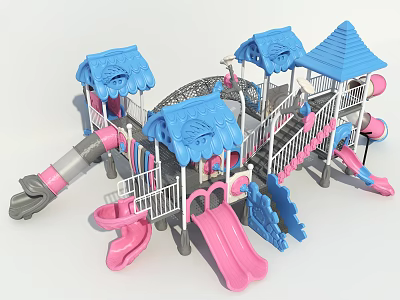 Colorful Outdoor Playground Equipment with Blue Canopies Pink Slides and Gray Frames 3d model