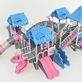 Colorful Outdoor Playground Equipment with Blue Canopies Pink Slides and Gray Frames