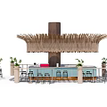 Outdoor Casual Table And Chair Set With Thatched Roof Bar Counter And Plants