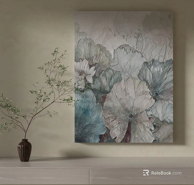 Textured Floral Wall Art Decor With Ceramic Vase And Green Branch 3d model 