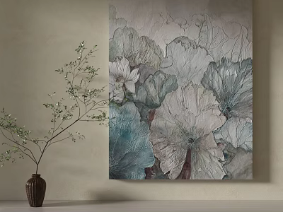 Textured Floral Wall Art Decor With Ceramic Vase And Green Branch 3d model