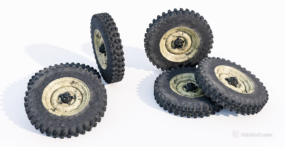 Off Road Tires With Deep Tread And Worn Rubber Stacked Together 3d model 