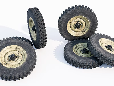 Off Road Tires With Deep Tread And Worn Rubber Stacked Together 3d model