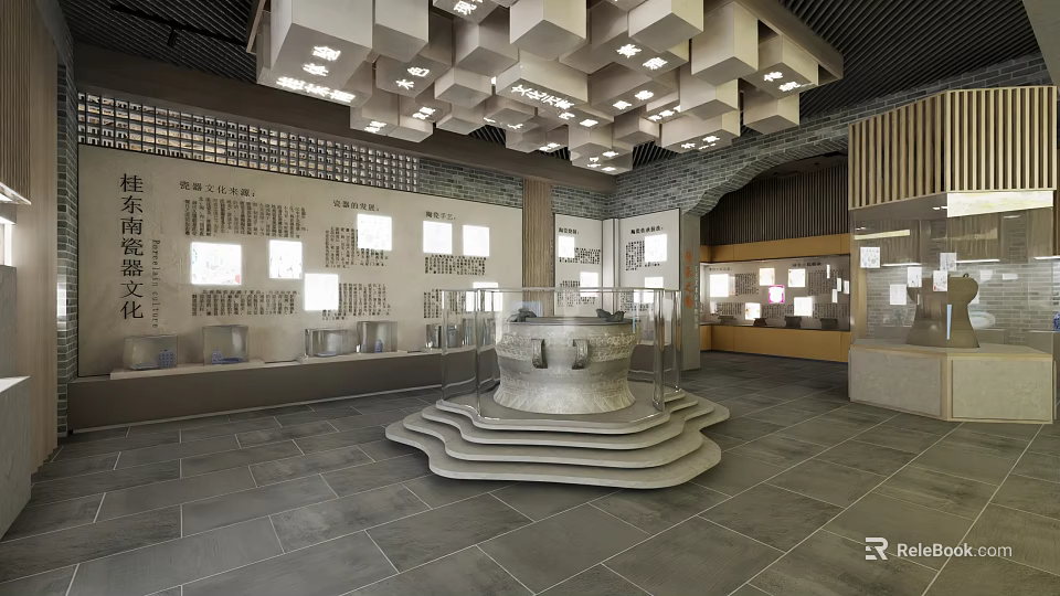 Cultural Center Interior Design With Exhibits Wall Displays Circular Platform And Pendant Lights 3d model 