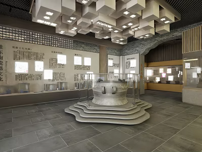 Cultural Center Interior Design With Exhibits Wall Displays Circular Platform And Pendant Lights 3d model