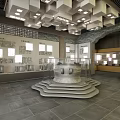 Cultural Center Interior Design With Exhibits Wall Displays Circular Platform And Pendant Lights