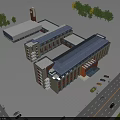Modern Multi Story School Building with Bell Tower Blue Roof Trees Road and Parking Lot