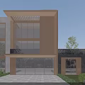 Modern Two Story Detached Villa With Large Glass Windows Wooden Louver And Green Plants