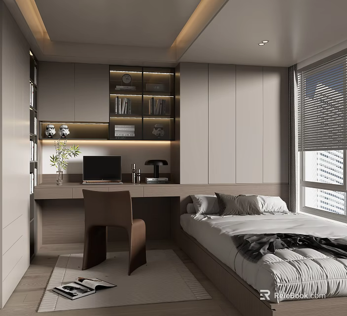 Modern Tatami Bedroom Interior With Desk Bookshelf Window And Natural Light 3d model 