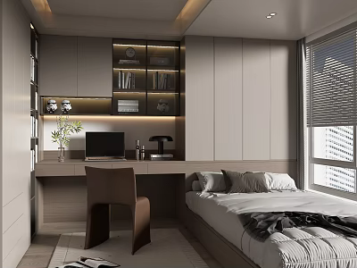 Modern Tatami Bedroom Interior With Desk Bookshelf Window And Natural Light 3d model