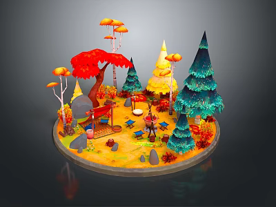 Vibrant Fairy Tale Forest Scene With Colorful Trees Mushroom Decorations Little Figures Tables And Chairs 3d model
