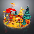 Vibrant Fairy Tale Forest Scene With Colorful Trees Mushroom Decorations Little Figures Tables And Chairs