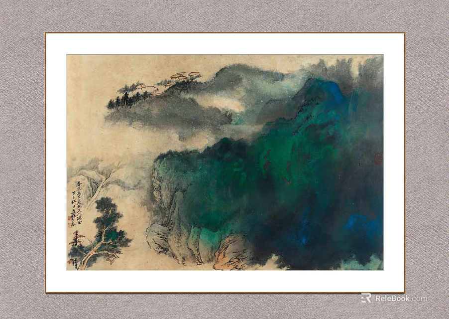 Traditional Ink Wash Landscape Painting With Green Blue Mountains Clouds And Trees 3d model 