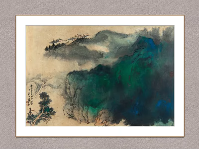 Traditional Ink Wash Landscape Painting With Green Blue Mountains Clouds And Trees 3d model
