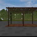 Wooden Pergola With Lattice Top Climbing Plants And Wooden Platform Green Trees Under Blue Sky