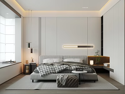 Modern Bedroom Interior With White Walls Wardrobes Gray Bed Plaid Blanket And Natural Light 3d model