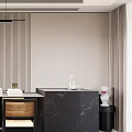 Modern Restaurant Interior With Black Marble Dining Table Dark Chairs Wooden Striped Wall And Pendant Lights