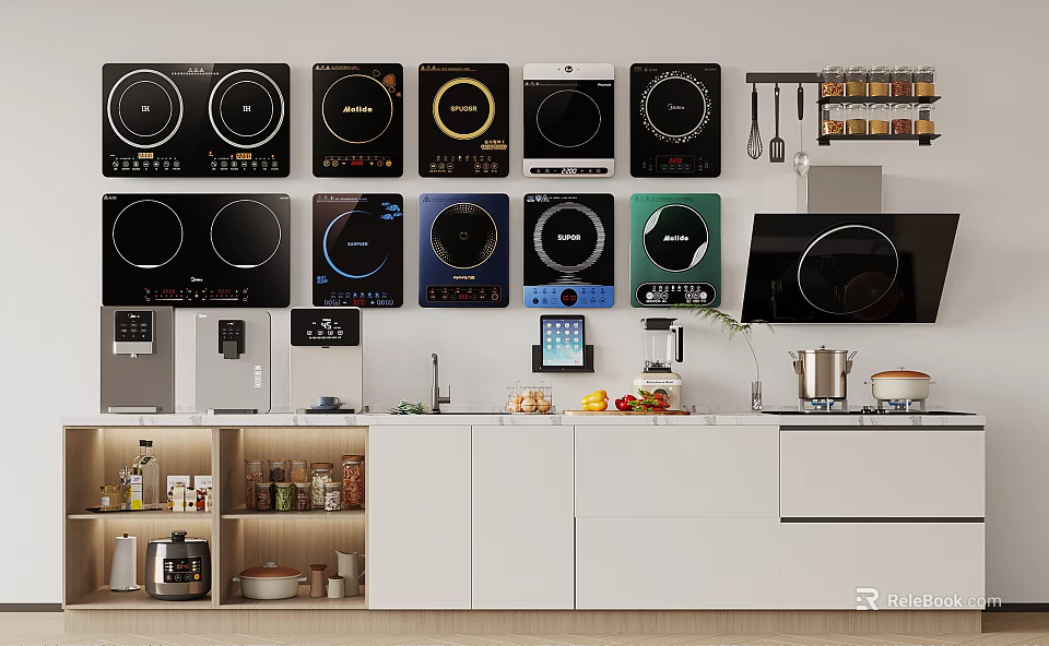 Modern Kitchen Appliances Setup With Multiple Induction Cooktops And Cabinets 3d model 