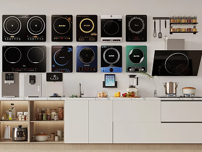 Modern Kitchen Appliances Setup With Multiple Induction Cooktops And Cabinets 3d model