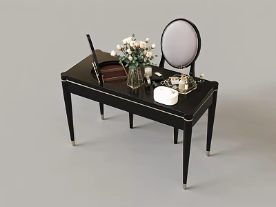 Black Modern Dressing Table With Round Mirror White Flowers And Makeup Accessories 3d model
