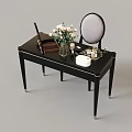 Black Modern Dressing Table With Round Mirror White Flowers And Makeup Accessories 3d model