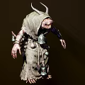 Horned Fantasy Game Movie Character In Hooded Robe With Clawed Hands And Decorative Bells