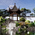 Traditional Chinese Garden Pavilion Featuring Rockery Waterfall Pond and Lush Greenery by White Wall