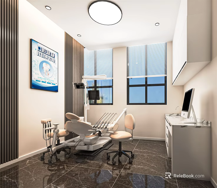Dental Clinic Interior Featuring Treatment Chair Medical Devices Window Blinds And Wall Poster 3d model 