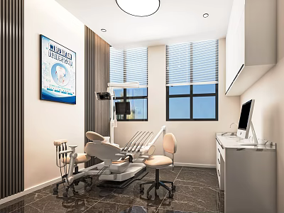 Dental Clinic Interior Featuring Treatment Chair Medical Devices Window Blinds And Wall Poster 3d model