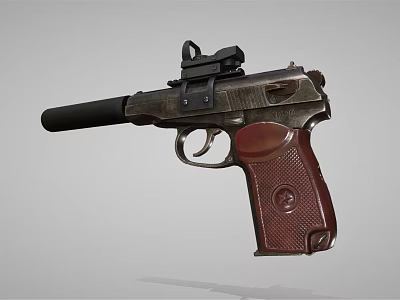 Tactical Vintage Pistol With Mounted Scope Silencer And Brown Textured Grip 3d model