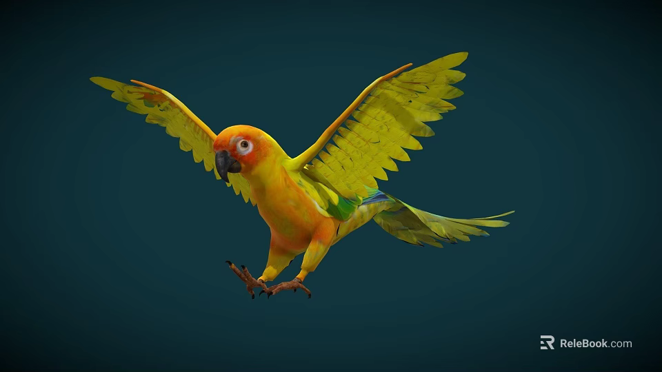 Game Movie Character Yellow Orange Parrot Flying With Spread Wings Dark Blue Background 3d model 