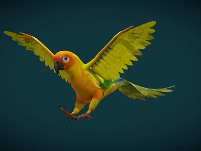Game Movie Character Yellow Orange Parrot Flying With Spread Wings Dark Blue Background 3d model