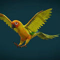 Game Movie Character Yellow Orange Parrot Flying With Spread Wings Dark Blue Background