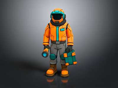Game Movie Character In Orange Spacesuit With Blue Accents Holding Flashlight And Toolbox 3d model