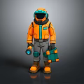 Game Movie Character In Orange Spacesuit With Blue Accents Holding Flashlight And Toolbox