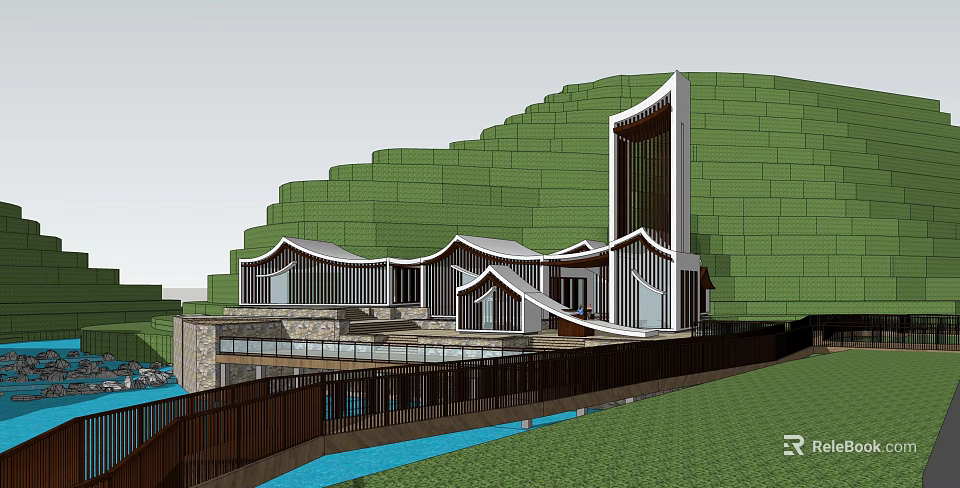 Scenic Modern Hillside Architectural Complex with Sloped Roofs Water Feature and Green Backdrop 3d model 