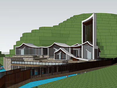Scenic Modern Hillside Architectural Complex with Sloped Roofs Water Feature and Green Backdrop 3d model