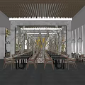 Modern Restaurant Interior With Wooden Ceiling Yellow Tree Gray Trunks White Curtains And Dining Area