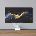 Wall Mounted Modern TV Displaying Blue And Gold Flowing Patterns On Wooden Stand