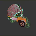 Polyhedral Shaped Household Item With Orange Base Wheels And Connecting Cables