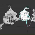Three fairy-tale style treehouses with various roofs wooden stairs and vine decorations