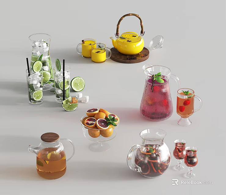 Refreshing Beverages with Lemon Ice Mint and Orange Slices in Glass Pitchers Teapots and Cups 3d model 