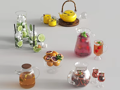 Refreshing Beverages with Lemon Ice Mint and Orange Slices in Glass Pitchers Teapots and Cups 3d model