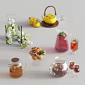 Refreshing Beverages with Lemon Ice Mint and Orange Slices in Glass Pitchers Teapots and Cups