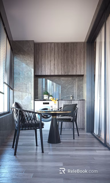 Home Balcony Design With Washing Machine Dining Table Chairs Potted Plant And Wooden Cabinets 3d model 