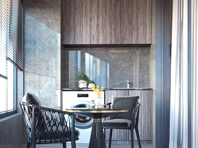 Home Balcony Design With Washing Machine Dining Table Chairs Potted Plant And Wooden Cabinets 3d model