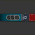 Futuristic Sci-Fi Circular Mechanical Device Featuring Metallic Blue Red Gray Texture And Grid Holes