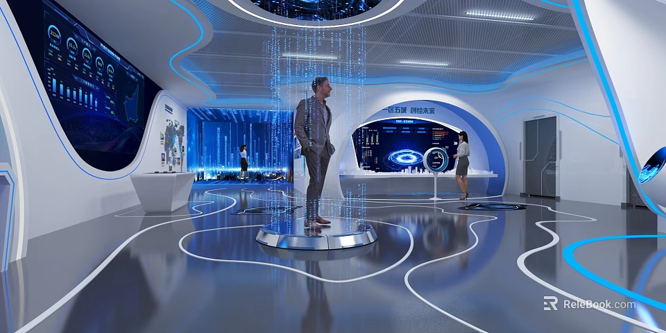 Futuristic Tech Exhibition Hall With Circular Platform Blue Lighting And Interactive Displays 3d model 