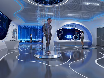 Futuristic Tech Exhibition Hall With Circular Platform Blue Lighting And Interactive Displays 3d model